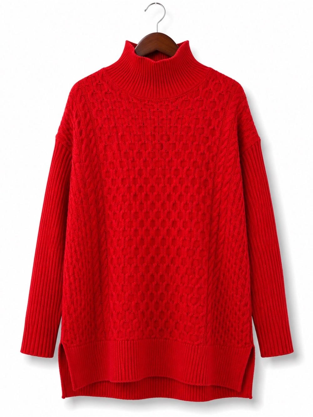 Crown & Ivy Red Cable Knit Mock Neck Tunic Sweater XS Chunky Knit